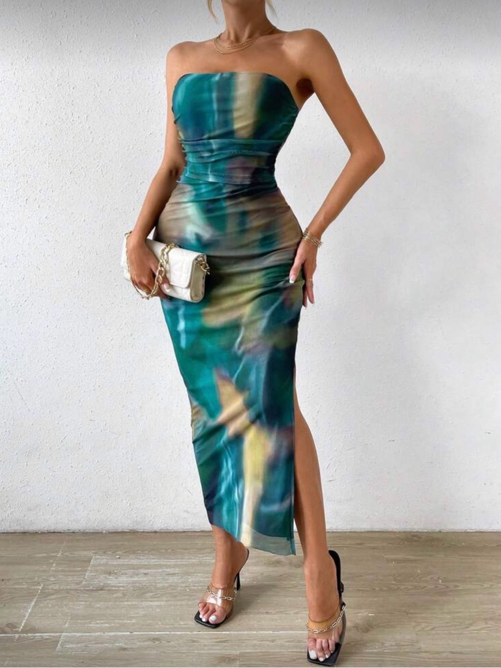 SHEIN Strapless Teal & Green Marble Midi Dress with Side Slit